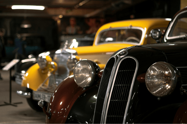 Classic cars in a showroom